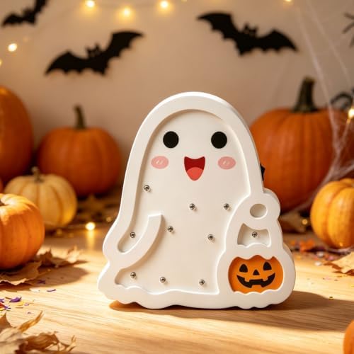 FOIMAS Halloween Wooden Table Sign, 7.8" Light Up Ghost Tabletop Decoration for Desk Tabletop Halloween Party Home Bedroom Office Gifts Trick or Treat