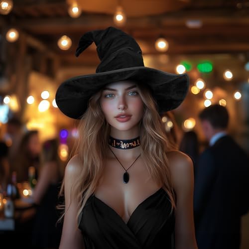 Large Ruched Witch Hat for Adults, Wide Brim Halloween Costume Accessory