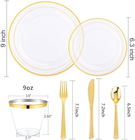 WELLIFE Clear Plates with Gold Trim, 600-Piece Plastic Dinnerware Set
