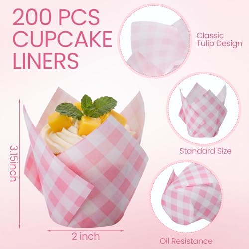 Maxdot 200 Pcs Pink Gingham Tulip Cupcake Liners for Baking Plaid Paper Muffin Baking Cups Checkered Tulip Muffin Liners Wrappers for Bridal Baby Shower Wedding Birthday Party Decor