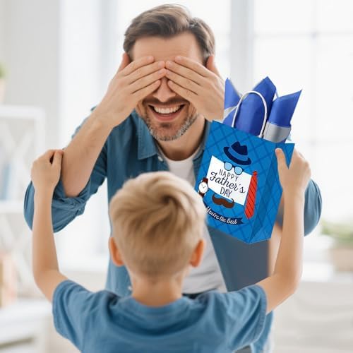 FCKLVMC 12 Pcs Fathers Day Gift Bags with Handle, Fathers Day Gift Bag with Decorative Paper for Men Father'S Day Birthday Party Decor Favor(8.27x6.3x3.15in)