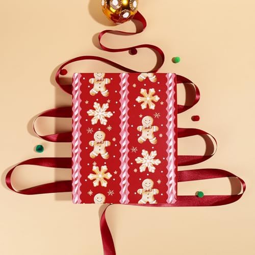 BIOBROWN Christmas Wrapping Paper Red Gingerbread Man & Plaid Design