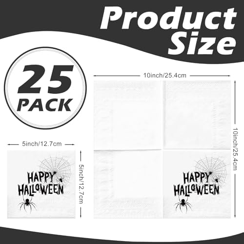 RUSPEPA 25 Pcs Black Halloween Napkin Paper, 3 Ply Happy Halloween Spider Web and Spider Design Disposable Cocktail Napkins for Halloween Party, Spooky Table Decor, Birthday, 5 x 5 Inch