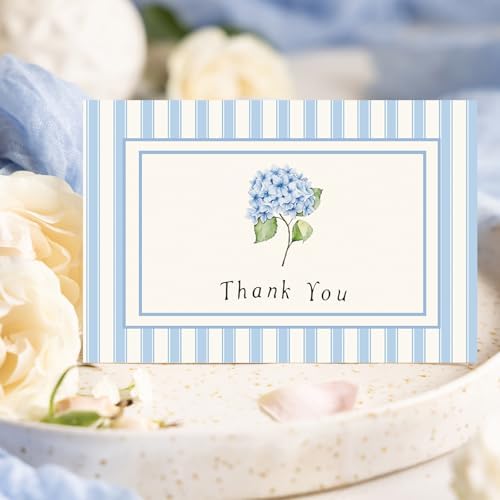JarThenaAMCS 50 Pack Hydrangea Thank You Cards White Blue Floral Stripe Greeting Cards with Envelopes Stickers Blank Note Card for Wedding Bridal Baby Shower Birthday Party, 4 x 6 Inch