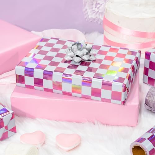 MAYPLUSS Pink Gift Wrapping Paper, 17in x 33ft Holographic Plaid Wrap