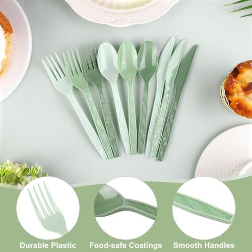 Kochorie 90 Pieces Gradient Sage Green Plastic Cutlery Set