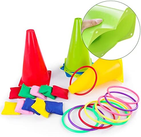 36PCS Carnival Games Combo Set 4 in 1 Bean Bag Toss Can Games Plastic Cone Ring Toss Game for Indoor Outdoor School Field Day Birthday Party Yard Game for Kids Adults