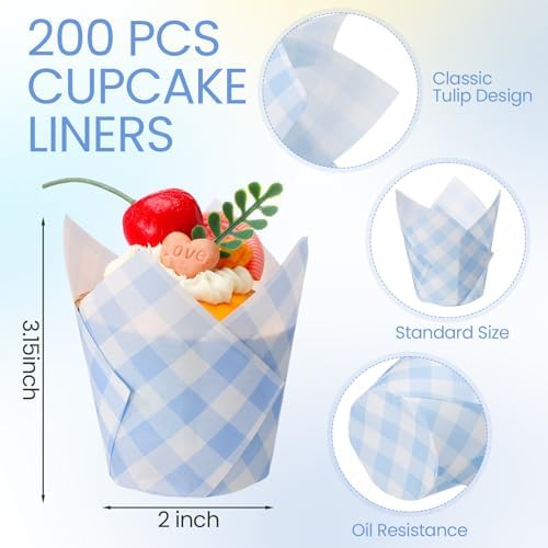 Maxdot 200 Pcs Blue Gingham Tulip Cupcake Liners for Baking Plaid Paper Muffin Baking Cups Checkered Tulip Muffin Liners Wrappers for Bridal Baby Shower Wedding Birthday Party Decor