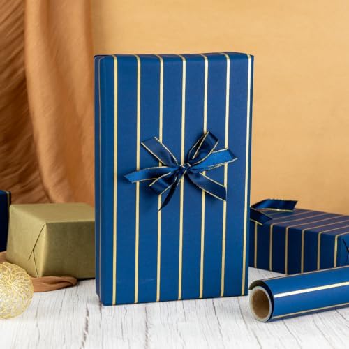MAYPLUSS Navy Blue Gift Wrapping Paper Roll, 17IN X 16.5FT Gold Stripd Wrap