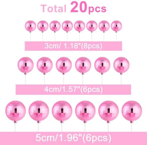ASTARON 20 Pcs Pink Disco Balls Cake Topper Decorations for Birthday Cake