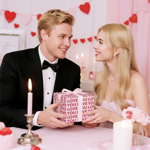 RUSPEPA Valentine's Day Wrapping Paper Roll, Mini Roll, Red Love You Lettering Design, Pink Gift Wrap for Wedding, Anniversary, Birthday, Valentine's Day, Bridal Shower, 17 Inches x 16.4 Feet