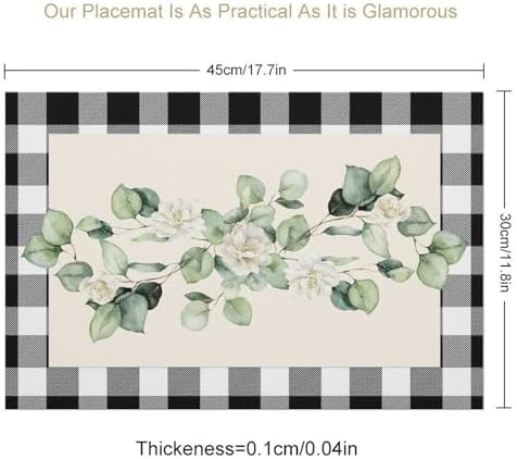 Eucalyptus Placemats Set of 4, 12x18 Inch Seasonal Floral Sage Blue Spring Summer Plaid White Flower Green Plants Buffalo Plaid Holiday Coffee Table Mats for Party Kitchen Dining Decoration