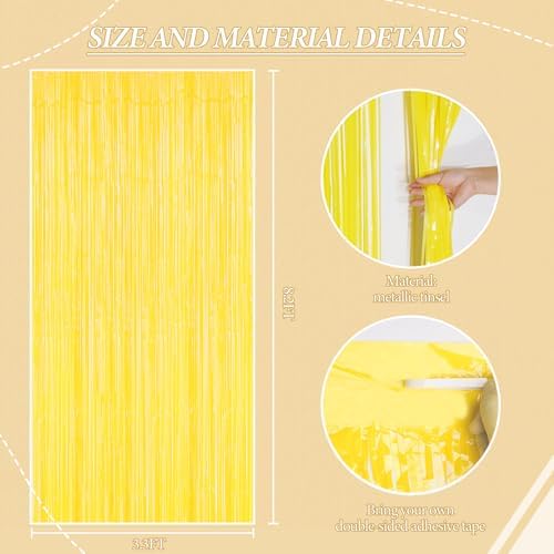 DECOCKRAT 3 Pack Foil Fringe Backdrop - Pastel Yellow Shiny Tinsel Curtains for Party Decoration/Photo Booth Props - 3.3x8.2 FT Metallic Foil Backdrop for Birthday, Wedding, Graduation, Christmas.