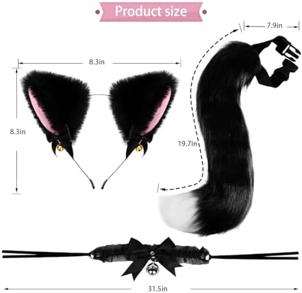 Cat Ears and Tail,Wolf Fox Ears Long Tail and Bell Lace Choker Set for Halloween,Animal Cosplay Party Costume