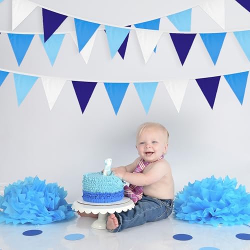 jijAcraft 39Ft Blue Party Banner, 42Pcs Cotton Triangle Flags, Boy Baby Shower Bunting, Nautical Theme Decor Pennant, Royal Blue Party Decoration Banner for Graduation, Birthday, Wedding