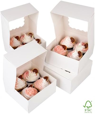 qiqee Auto-pop Up Cupcake Boxes with Window White 100PCS 4 Count Cupcake Box 6.3"x6.3"x3" Cupcakes Carrier, 4 Cupcake Containers