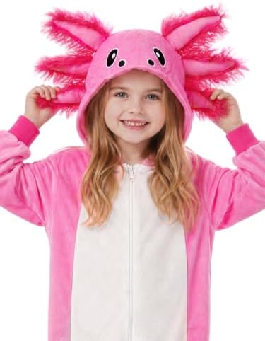 Kids Axolotl Costume for Girls & Boys - 3D Hooded Salamander Jumpsuit Costume for Halloween Party