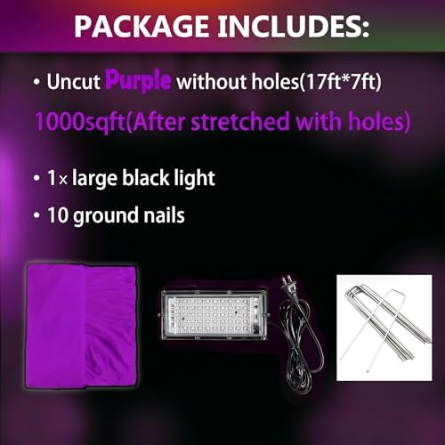 Glow in The Dark Purple 1000 Sqft Uncut Giant Spider Web Halloween Decorations Outdoor with 1 Black Light &10 Ground Nails Stretchy Beef Cloth Netting DIY for Yard Party