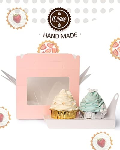 qiqee Pink Cupcake Box Two Holder 6.5x3.6x3.5inch(2.2" Top) 50pcs 2 Cupcake Boxes With Window