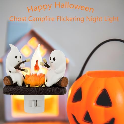 Halloween Ghost Campfire Night Light,Plug-in Wall Flickering Flame Nightlight,3D Cute Spooky Marshmallow Ghost Decoration for Bedroom,Spooky Season Home Halloween Decor for Kids Adults (Purple)