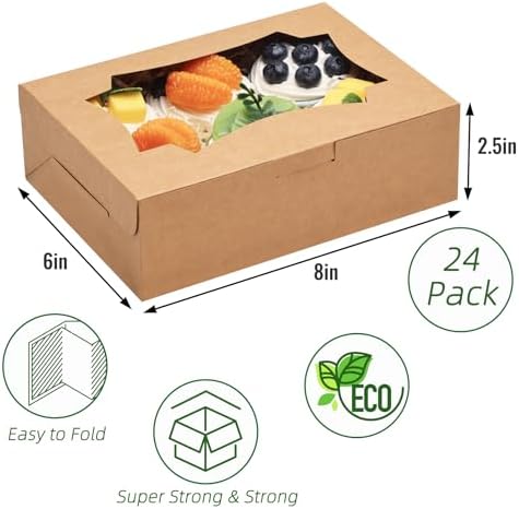TOMNK 24pcs Cookie Boxes with 3 Style Window,8x6x2.5In Brown Bakery Boxes