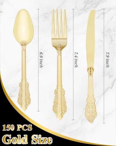 Goodluck 150 Pack Gold Plastic Silverware Set, Heavy Duty Cutlery