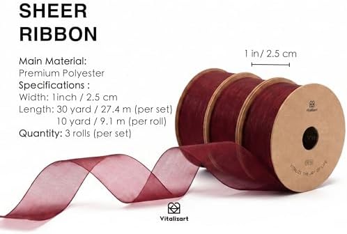 Vitalizart Burgundy Organza Ribbon 1" x 30 Yd Sheer Gift Wrapping Ribbon