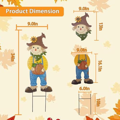 BRIGHTDECK Outdoor Fall Scarecrow Metal Stakes Decorations Autumn Yard Sign