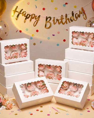 qiqee White 6 Cupcake Boxes with Window Auto-pop up 30 Packs Cupcake Box 9.4"x6.1"x3.3" Bakery Boxes For Cupcakes Carrier, Cupcake Containers