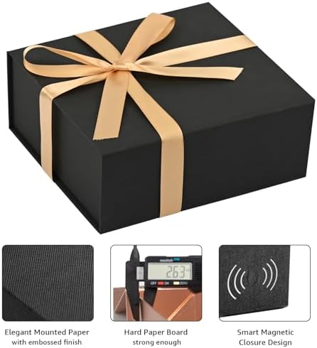 LIFELUM Black Magnetic Gift Box for Birthday Presents, 8"x7"x3"