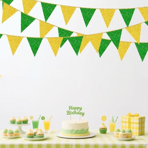 30Ft Green Gold Party Decorations Glitter Gold Green Pennant Banner Flag Triangle Bunting Garland Streamers for Masters Golf Birthday Graduation St. Patrick’s Day Spring Summer Tractor Decor Supplies