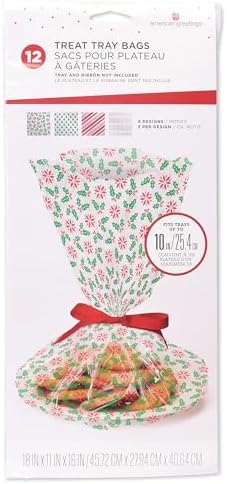 American Greetings Christmas Cellophane Cookie Tray Bags with Twist-Ties, Holiday Patterns (12-Count)