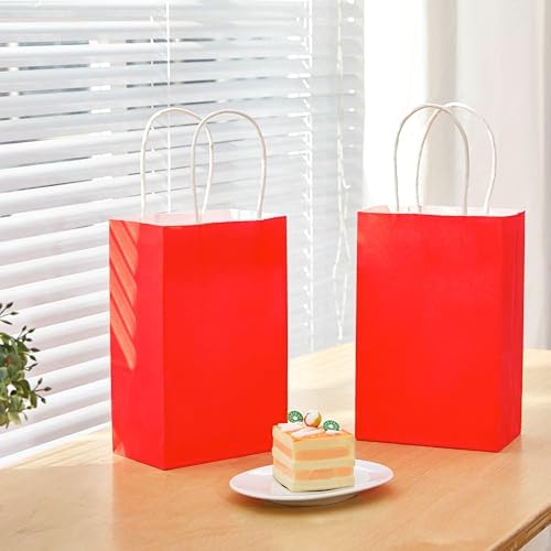 SUNCOLOR 24-Pack Red Gift Bags with Handles, 8" Kraft Paper Goodie Bags for Christmas, Valentine's Day, Birthday Party Favors