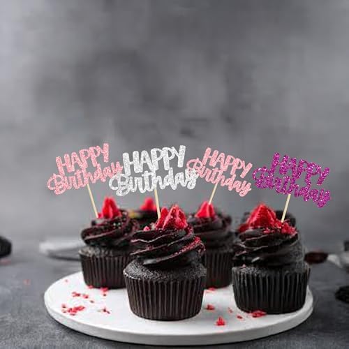 Gyufise 24Pcs Happy Birthday Cupcake Toppers Glitter Birthday Cupcake Food Picks for Celebrating Happy Hallowenn Theme Party Cake Decorations Supplies Purple White Silver