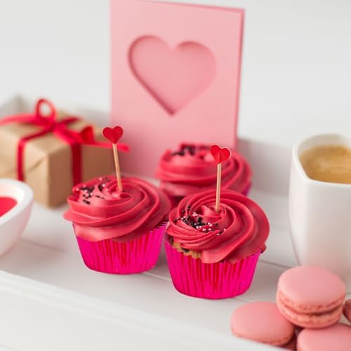 JarThenaAMCS 200Pcs Red Pink Foil Cupcake Liners Foil Metallic Baking Cups Cupcake Wrappers Muffin Liners for Valentine Christmas Birthday Wedding Party Supplies