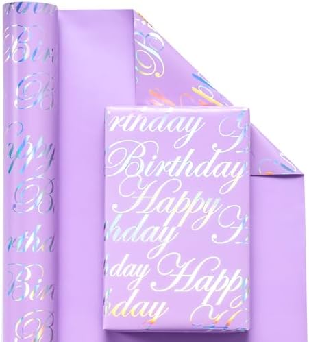 WRAPAHOLIC 30 Inch Reversible Birthday Wrapping Paper - 30 Inch x 33 Feet - Puprle and Silver Foil Happy Birthday Wrapping Paper for Girls, Women, Kids, Baby Shower