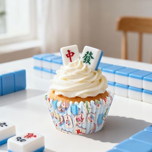 JarThenaAMCS 300Pcs Mahjong Cupcake Liners Blue Paper Baking Cups Standard Muffin Cupcake Wrappers for Birthday Game Night Theme Party Supplies