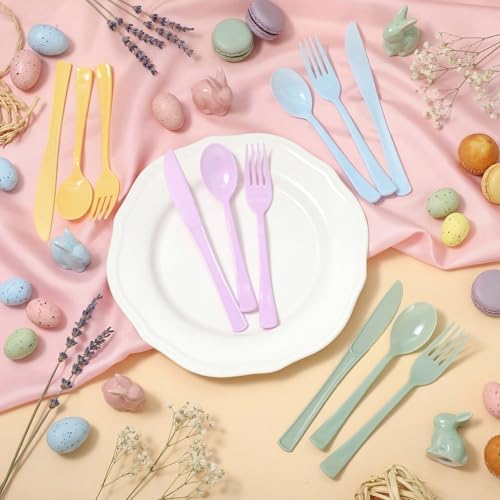 Minatee 180 Pcs Pastel Plastic Silverware Heavy Duty Cutlery Sets Disposable Utensils for Holiday Birthday Themed Party Supplies, 60 of Each Forks Knives Spoons(Macaron Color)