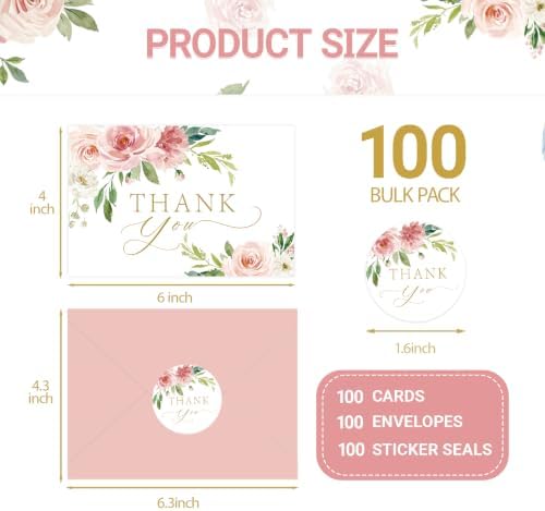 100 Pack Pink Thank You Cards with Envelopes, Floral Thank You Cards