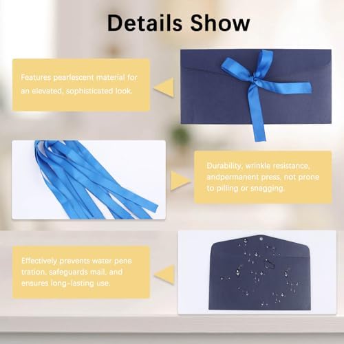 20 Pack Pearlescent Blue Decorative Envelopes with Ribbon Bow, 8x4 Inch Christmas Cash Gift Envelope, Greeting Invitation Envelope Classical Pure Set for Wedding Birthday Festival and Party