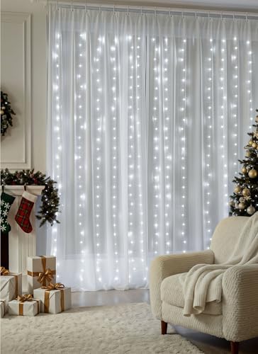 Brightown Curtain String Lights, Hanging Fairy Lights with Remote, 8 Modes, Waterproof Window Lights for Bedroom Backdrop Wedding Outdoor Christmas Party, White, 300LEDs