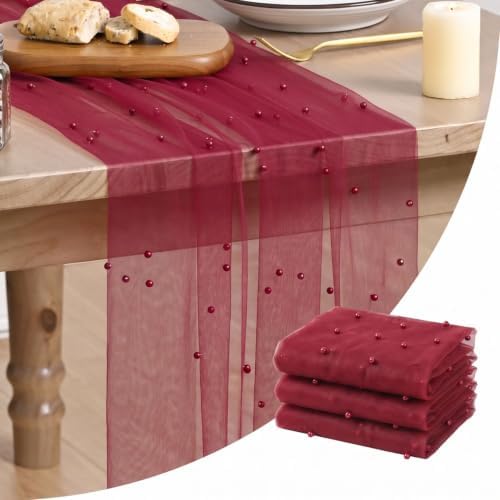 Artoid Mode 3-Pack Pearl Burgundy Gauze Table Runner 10FT Home Decor