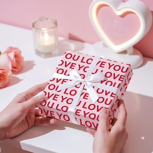 RUSPEPA Valentine's Day Wrapping Paper Roll, Mini Roll, Red Love You Lettering Design, Pink Gift Wrap for Wedding, Anniversary, Birthday, Valentine's Day, Bridal Shower, 17 Inches x 16.4 Feet