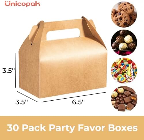 UnicoPak 30 Pack Brown Cookie Gift Boxes with Handles, Food-grade Material, Gable Party Favor Boxes for Lunch, Treats, Goodies, Cookies Candies for Birthday Party Wedding Holidays 6.5x3.5x4 Inches