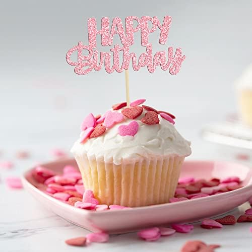 Gyufise 24pcs Happy Birthday Cupcake Toppers - Pink Glitter Celebrating Cake Picks - Baby Shower & Kids Party Decoration Supplies