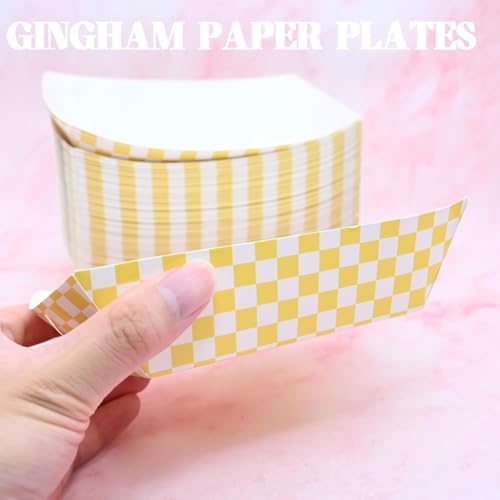 30 Pcs No Folding Required 2lb Gingham Party Supplies Disposable Paper Food Trays for Shower Wedding Tea Party Supplies Nacho Snack (Yellow)