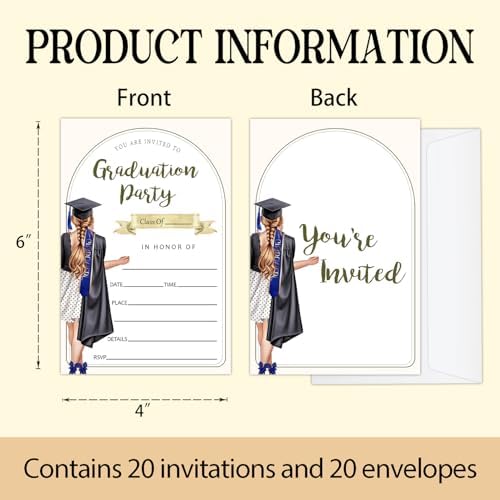 Graduation Invitations 2026 with Envelopes - 20 Pack Class of 2026 Tuxedo style Graduation Party Invitations, 4x6 Inch Fill-in Graduation Announcements for High School or College - A07