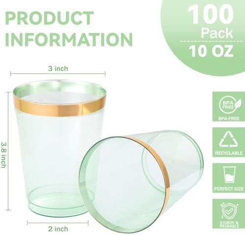 supernal 100 Pcs 10 oz Clear Green Plastic Cups,Gold Rimmed Party Tumblers