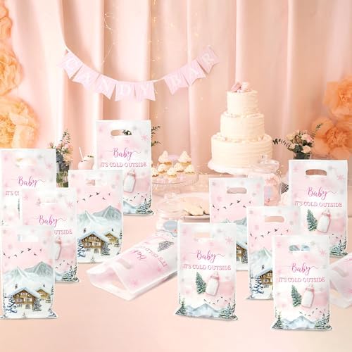 Haooryx Winter Camp Gift Bag - 50Pcs Pink Winter Wonderland Snowflake Adventure Plastic Pack Happy New Year Holiday Gift Wrap Presents Party Favor Goodie Bags Handles Bulk Gifts Wrapping Reusable Tote