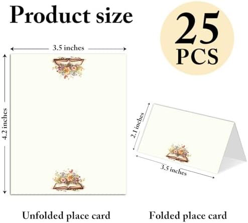 25 Pack Floral Book Theme Place Cards, Editable Name Cards for Table Setting, Tent Cards Food Label for Dinner Party, Bridal Shower, Wedding, Baby Shower and Events -T04